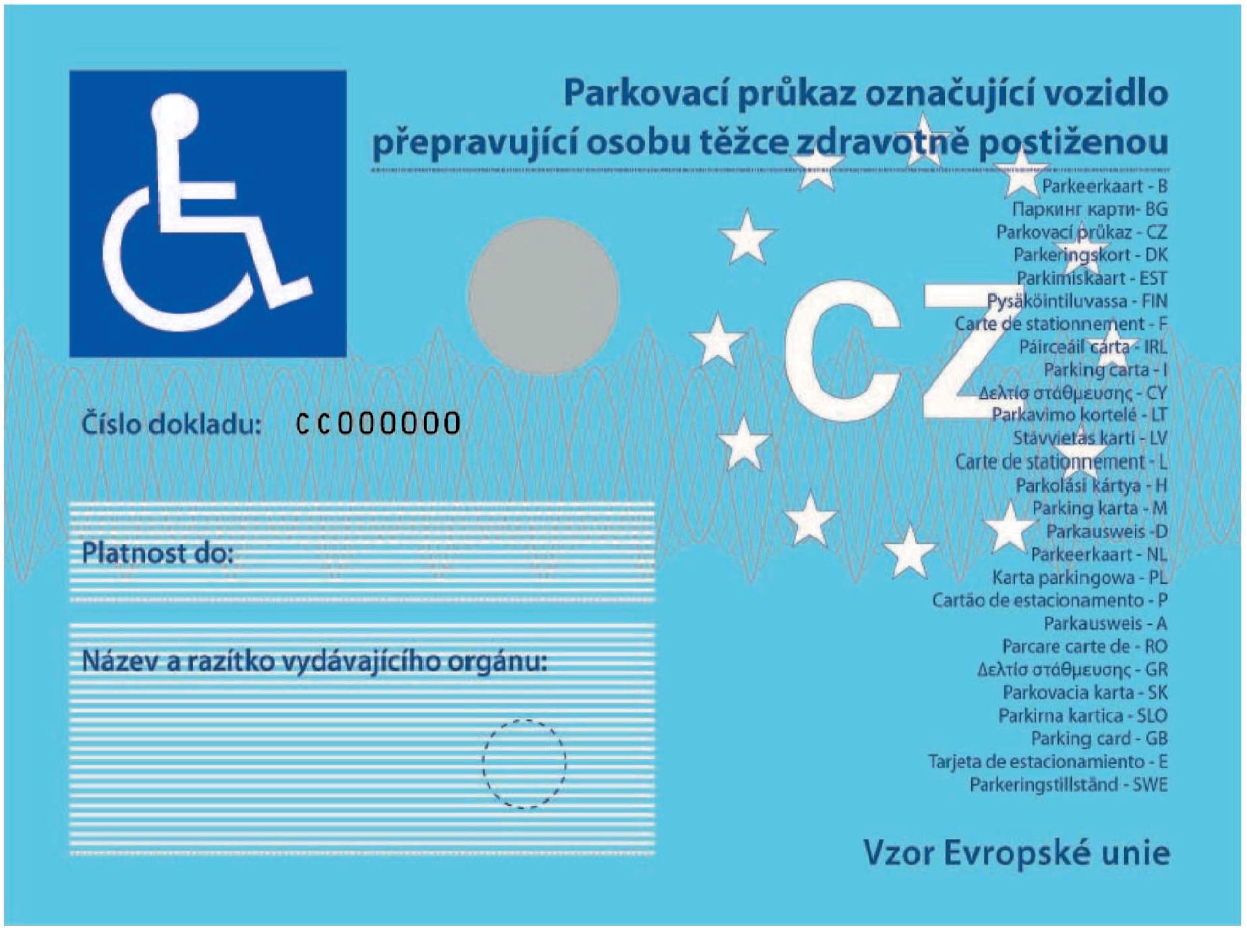 Parkovací průkaz označující vozidlo přepravující osobu těžce zdravotně postiženou